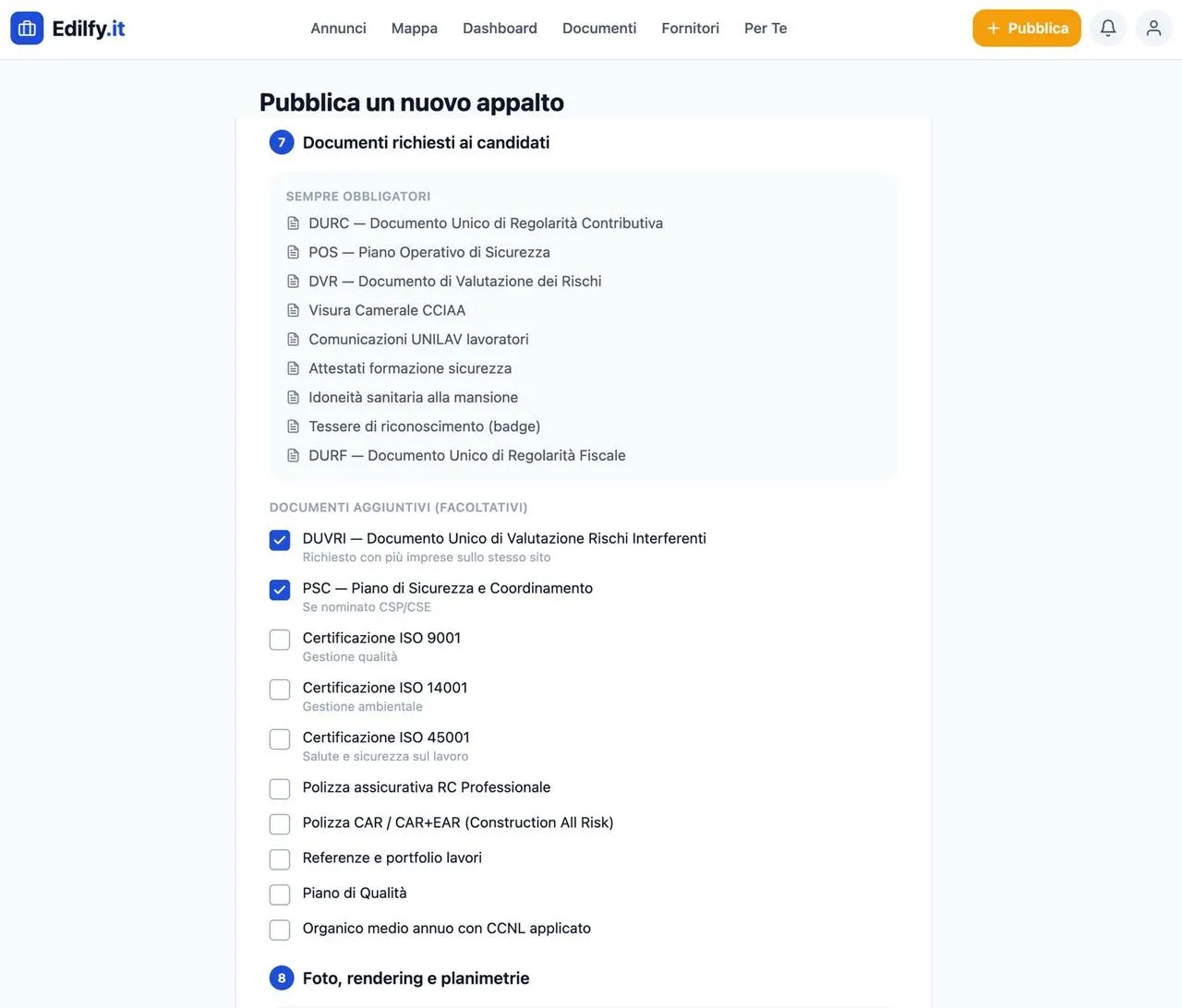 Passaggio di pubblicazione di un appalto: elenco dei documenti sempre obbligatori e caselle per selezionare i documenti aggiuntivi come DUVRI, PSC e certificazioni ISO.