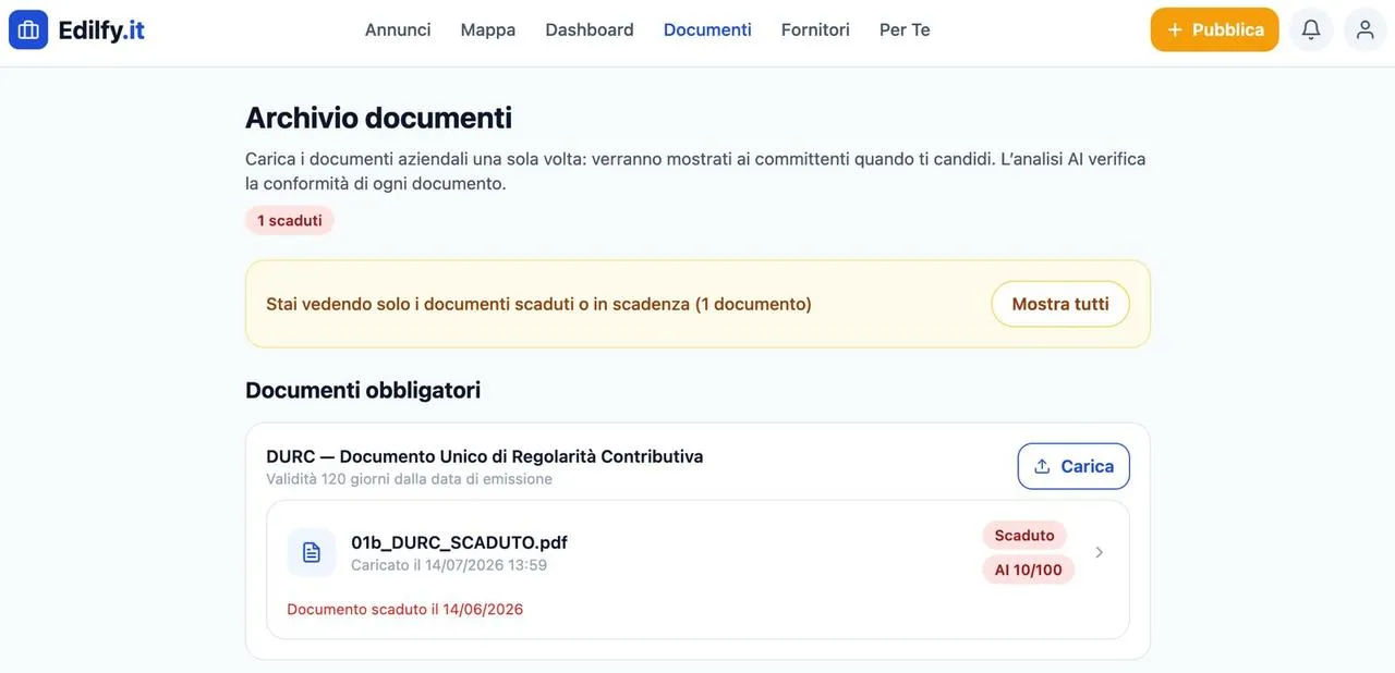 Un DURC scaduto nell’archivio: etichetta “Scaduto”, punteggio dell’analisi AI e avviso della data di scadenza superata.